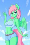  5_fingers anthro blue_eyes breasts clothed clothing equine eyelashes fan_character feathers female green_feathers hair mammal midriff my_little_pony navel pegasus pink_hair skecchiart smile solo standing wings 