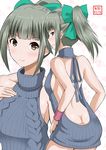  alternate_costume ass backless_dress backless_outfit bangs bare_back blunt_bangs bow breasts brown_eyes butt_crack commentary dress floral_background green_hair hair_bow halterneck hand_on_own_chest hands_on_hips highres kantai_collection looking_at_viewer medium_breasts meme_attire multiple_views naked_sweater no_bra no_panties ponytail ribbed_sweater sidelocks sleeveless smile sweater sweater_dress turtleneck turtleneck_sweater virgin_killer_sweater white_background wristband yano_toshinori yuubari_(kantai_collection) 
