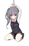  angry bdsm black_legwear blush bound bound_wrists brown_eyes buttons clenched_teeth cuffs dress full_body grey_hair highres kantai_collection kasumi_(kantai_collection) kneehighs long_hair long_sleeves looking_at_viewer mitsudoue pinafore_dress red_ribbon remodel_(kantai_collection) ribbon school_uniform shackles shirt side_ponytail sitting sleeveless sleeveless_dress solo teeth white_shirt 