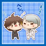  &gt;_&lt; ahoge anger_vein blue_background blue_border border brown_hair chibi closed_eyes cuffs danganronpa danganronpa_3 flying_sweatdrops formal handcuffs lowres male_focus multiple_boys munakata_kyousuke naegi_makoto open_mouth plaid plaid_background silver_hair simple_background suit triangle_mouth white_suit yumaru_(marumarumaru) 