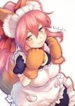  animal_ears apron bell bell_collar breasts collar fal fate/grand_order fate_(series) fox_ears fox_tail gloves hair_ribbon large_breasts long_hair looking_at_viewer maid maid_apron maid_headdress paw_gloves paws pink_hair ribbon simple_background solo tail tamamo_(fate)_(all) tamamo_cat_(fate) translated white_background yellow_eyes 