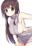  backless_dress backless_outfit blush breasts brown_hair cowboy_shot dress gochuumon_wa_usagi_desu_ka? green_eyes hair_ornament halterneck kurou_(quadruple_zero) large_breasts long_hair meme_attire naked_sweater no_bra no_panties open_mouth ribbed_sweater sideboob simple_background solo sweater sweater_dress turtleneck turtleneck_sweater ujimatsu_chiya virgin_killer_sweater white_background 