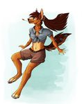  anthro canine clothed clothing female fur hair mammal navel simple_background smile solo teeth zumjakal 