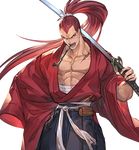  alpha_transparency granblue_fantasy hakama hand_on_hip japanese_clothes katana kibagami_genjuro kiseru long_hair looking_at_viewer male_focus minaba_hideo muscle official_art open_mouth over_shoulder pipe pipe_in_mouth ponytail red_hair samurai_spirits sarashi scar shouting solo sword transparent_background weapon weapon_over_shoulder wide_sleeves widow's_peak 