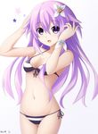  :3 :d adult_neptune alternate_costume arms_up artist_name bikini black_ribbon blush breasts cowboy_shot eyebrows_visible_through_hair flower front-tie_bikini front-tie_top hair_between_eyes hair_flower hair_ornament keenh long_hair looking_at_viewer medium_breasts navel neptune_(series) open_mouth purple_eyes purple_hair ribbon shin_jigen_game_neptune_vii side-tie_bikini simple_background smile solo standing stomach straight_hair striped striped_bikini swimsuit tareme thigh_gap white_background wristband 