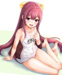  bangs bare_legs barefoot blush covered_navel feet gradient_hair hair_ribbon highres ipuu_(el-ane_koubou) kamikaze_(kantai_collection) kantai_collection long_hair looking_at_viewer multicolored_hair name_tag old_school_swimsuit one-piece_swimsuit open_mouth pink_hair purple_eyes purple_hair ribbon school_swimsuit sitting smile soles solo swimsuit toes translated wet white_school_swimsuit white_swimsuit yellow_ribbon yokozuwari 