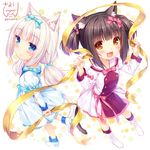  2girls :3 :d alternate_hair_length alternate_hairstyle animal_ears artist_name bangs blue_eyes blunt_bangs bow brown_hair cat_ears cat_tail chocola_(sayori) dated dress from_above hair_bow juliet_sleeves long_hair long_sleeves looking_at_viewer low_twintails multiple_girls nekopara official_art open_mouth puffy_sleeves ribbon sayori short_hair short_twintails slit_pupils smile tail twintails vanilla_(sayori) white_hair yellow_eyes yellow_ribbon younger 