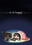  =_= black_background black_hair blanket chibi commentary computer controller engrish futon game_controller gamepad houraisan_kaguya kashuu_(b-q) lying monitor neet ranguage solo touhou 