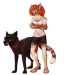  ambiguous_gender anthro canine clothed clothing crossed_arms duo feline female feral fur hair mammal smile zumjakal 