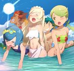  3girls ;o all_fours bare_shoulders beach bent_over bikini black_hair blonde_hair blue_hair blue_sky blush blush_stickers bottomless bounsweet braid breasts closed_eyes cloud commentary dark_skin dark_skinned_male day doggystyle flat_chest french_braid gen_1_pokemon gen_7_pokemon goggles goggles_on_head green_eyes green_hair grin group_sex hair_ornament half-closed_eyes harem kaki_(pokemon) lillie_(pokemon) long_hair maamane_(pokemon) mao_(pokemon) multicolored_hair multiple_boys multiple_girls mushi_gyouza navel ocean one-piece_swimsuit one_eye_closed orange_hair orgasm outdoors partially_submerged pikachu pokemon pokemon_(anime) pokemon_(creature) pokemon_sm_(anime) satoshi_(pokemon) sexually_suggestive short_hair sky small_breasts smile strapless suiren_(pokemon) sun swimsuit teeth tubetop twintails two-tone_hair wavy_mouth z-move 