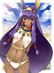  arms_behind_back ass_visible_through_thighs bangs blunt_bangs blush breasts closed_mouth cloud cloudy_sky commentary_request cowboy_shot dark_skin day earrings egyptian egyptian_clothes facial_mark fate/grand_order fate_(series) hair_between_eyes hair_tubes hairband hoop_earrings jewelry long_hair looking_at_viewer medium_breasts navel nitocris_(fate/grand_order) purple_eyes purple_hair sidelocks signature sky solo stomach tirotata very_long_hair 