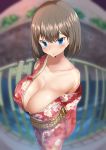  1girl arms_behind_back bare_shoulders blue_eyes blush breasts brown_hair cleavage collarbone commentary_request fisheye highres huge_breasts japanese_clothes kimono long_hair looking_at_viewer original parted_lips raised_eyebrows solo standing tsukunendo 
