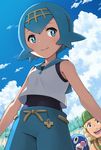  1girl alolan_exeggutor alolan_form bare_shoulders beanie bewear blonde_hair blue_eyes blue_hair blue_sailor_collar blush breasts closed_mouth cloud covered_navel day gen_7_pokemon hairband half-closed_eyes hashi hat highres hiker_(pokemon) looking_to_the_side one-piece_swimsuit open_mouth outdoors pants pokemon pokemon_(creature) pokemon_(game) pokemon_sm popplio sailor_collar sailor_shirt shirt short_hair sky sleeveless sleeveless_shirt small_breasts smile suiren_(pokemon) swimsuit swimsuit_under_clothes 