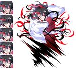  :d bangs black_hair blush closed_eyes closed_mouth commentary_request dairi holding holding_sword holding_weapon horn konngara long_sleeves looking_at_viewer multiple_views open_mouth ponytail red_eyes shaded_face simple_background smile sweat sword tachi-e tears touhou touhou_(pc-98) weapon white_background 