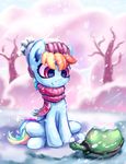  2016 absurd_res ambiguous_gender duo equine feathered_wings feathers female feral friendship_is_magic hair hi_res hooves inowiseei mammal multicolored_hair my_little_pony outside pegasus rainbow_dash_(mlp) rainbow_hair reptile scalie scarf smile snow tank_(mlp) tortoise tree turtle wings 