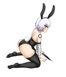  all_fours alternate_costume animal_ears arched_back asortofcolorfag ass bandaged_arm bandages bare_shoulders black_legwear black_leotard blush bunny_ears bunny_girl bunny_tail bunnysuit facial_scar fake_animal_ears fate/apocrypha fate_(series) from_side full_body green_eyes highres jack_the_ripper_(fate/apocrypha) kneeling knife lavender_hair leotard looking_at_viewer looking_to_the_side no_shoes profile ringed_eyes scar short_hair simple_background solo stitches tail the_golden_smurf thighhighs weapon white_background wrist_cuffs 