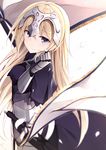  armor bangs blonde_hair blurry breasts chain cleavage closed_mouth commentary_request depth_of_field eyebrows_visible_through_hair fate/apocrypha fate_(series) faulds flag from_side gauntlets headpiece jeanne_d'arc_(fate) jeanne_d'arc_(fate)_(all) long_hair looking_at_viewer medium_breasts netarou petals purple_eyes scratching_cheek sheath sheathed simple_background smile solo sword upper_body weapon white_background 