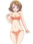  bow bow_bra bow_panties bra breasts brown_hair cowboy_shot crotch_seam kikuchi_tsutomu koizumi_hanayo lace lace-trimmed_bra lace-trimmed_panties looking_at_viewer love_live! love_live!_school_idol_project medium_breasts open_mouth orange_bra orange_panties panties purple_eyes short_hair simple_background smile solo standing thigh_gap underwear underwear_only white_background yellow_bra 