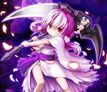  cherry_blossoms duel_monster flower ghost_reaper_&amp;_winter_cherries highres holding holding_weapon japanese_clothes long_hair looking_at_viewer pink_hair red_eyes sash scythe solo spirit-edge torn_clothes twintails weapon yuu-gi-ou 