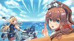  aircraft airplane bad_id bad_pixiv_id blonde_hair blue_eyes blue_sky breasts brown_hair cannon cloud crossed_fingers day elbow_gloves gloves headgear horizon iowa_(kantai_collection) kantai_collection large_breasts looking_at_viewer looking_back machinery miniskirt multiple_girls neckerchief ocean ponytail saratoga_(kantai_collection) skirt sky soushou_nin star star-shaped_pupils striped striped_skirt symbol-shaped_pupils 