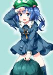  :d backpack bag bangs blue_eyes blue_footwear blue_hair blue_shirt blue_skirt blush boots collared_shirt commentary_request flat_cap frilled_shirt_collar frills green_hat hair_bobbles hair_ornament hand_on_forehead hat highres kawashiro_nitori key knee_boots long_sleeves medium_hair open_mouth pocket puffy_sleeves rubber_boots ruu_(tksymkw) shirt short_twintails sidelocks simple_background skirt skirt_set smile solo sweat teal_background touhou twintails two_side_up wiping_forehead 