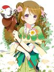  bird brown_hair chicken flower hair_flower hair_ornament highres japanese_clothes koizumi_hanayo love_live! love_live!_school_idol_festival love_live!_school_idol_project orange_hair purple_eyes ryoutan short_hair 