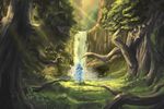  forest glowing glowing_sword glowing_weapon glv light_rays master_sword nature no_humans planted_sword planted_weapon scenery sunlight sword the_legend_of_zelda tree water waterfall weapon 