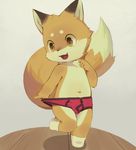  anthro blush briefs bulge canine clothed clothing cub fox fur legwear looking_away looking_down male mammal moki multicolored_fur navel on_one_leg open_mouth open_smile orange_eyes orange_fur shadow smile socks solo standing topless two_tone_fur underwear underwear_pull white_fur young 