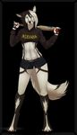  4_toes 5_fingers anthro black_background black_hair black_nose blood canine clothed clothing digitigrade dog female fur green_eyes hair mammal midriff navel shen_shepa simple_background solo standing toes white_fur white_hair 