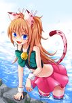  :d animal_ears bell blue_eyes blush cat_ears cat_tail crop_top fang flat_chest highres houjou_hibiki kanichiri long_hair looking_at_viewer midriff navel open_mouth panther_pink_(precure) pink_skirt precure skirt smile solo suite_precure tail thighhighs wading 