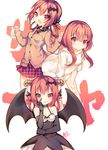  &gt;:) :3 :d bangs bare_shoulders bat_hair_ornament black_gloves black_ribbon black_shirt black_wings blush breasts buttons cardigan choker claw_pose cleavage closed_mouth clothes_writing collared_shirt colored_eyelashes demon_girl demon_horns demon_wings dress elbow_gloves food gabriel_dropout gloves hair_ornament hair_rings hallelujah_essaim hand_on_own_face holding horns kurumizawa_satanichia_mcdowell leaning_forward long_hair long_sleeves looking_at_viewer low_twintails miniskirt multiple_views necktie open_mouth parted_lips plaid plaid_skirt pleated_skirt pocket red_hair red_neckwear red_skirt ribbon shiny shiny_hair shirt short_sleeves signature skirt sleeveless sleeveless_dress small_breasts smile smirk t-shirt tongue twintails utm v v-shaped_eyebrows white_background white_shirt wings 
