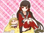  ahoge akamatsu_kaede arm_up backpack bag beamed_sixteenth_notes bean_bag_chair black_hair blonde_hair checkered checkered_background chibi danganronpa eighth_note grey_skirt harukawa_maki long_hair looking_at_another low_twintails mole mole_under_eye multiple_girls music musical_note musical_note_hair_ornament new_danganronpa_v3 pink_background plaid plaid_skirt pleated_skirt randoseru red_eyes red_legwear red_scrunchie school_uniform scrunchie serafuku sheet_music simple_background sitting skirt smile socks sweater_vest thighhighs twintails yumaru_(marumarumaru) 