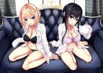  2girls arm_support bangs barefoot black_bra black_panties blonde_hair blue_eyes blurry blurry_background bow bow_bra bra breasts brown_eyes cleavage commentary couch curtains dress_shirt eyebrows_visible_through_hair frilled_bra frilled_panties frills head_tilt indoors kurokami_(kurokaminohito) kurono_mika lace lace-trimmed_bra lace-trimmed_panties light_blush light_smile lips long_hair long_sleeves looking_at_viewer medium_breasts multiple_girls navel no_pants on_couch open_clothes open_mouth open_shirt original panties print_bra print_panties purple_bra purple_panties shirt sitting sleeves_past_wrists smile underwear wariza window yokozuwari 