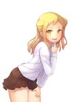  blonde_hair demi-chan_wa_kataritai double_bun dress_shirt fang leaning_forward long_hair looking_at_viewer miniskirt open_mouth pleated_skirt rizihike school_uniform shirt skirt smile solo takanashi_hikari v vampire white_background white_shirt yellow_eyes 