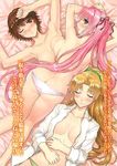  armpits arms_up ass bed_sheet blonde_hair breasts brown_eyes brown_hair cleavage closed_eyes collarbone eyebrows_visible_through_hair from_above green_eyes green_panties hagure_yuusha_no_estetica hair_ornament hair_ribbon hair_scrunchie high_ponytail izumi_chikage large_breasts listy_el_da_sylpheed long_hair looking_at_viewer lying medium_breasts multiple_girls novel_illustration nude official_art on_back on_stomach one_eye_closed open_clothes open_shirt ousawa_miu panties pink_hair pink_panties ran'ou_(tamago_no_kimi) red_ribbon ribbon scrunchie shirt short_hair sideboob sleeping topless translation_request twintails underwear white_shirt 