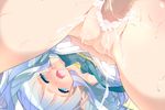  1girl :o blue_bow blue_eyes blush bow breasts censored cum female_orgasm flower_knight_girl fujishima-sei_ichi-gou game_cg hatsuyukisou_(flower_knight_girl) hetero japanese_clothes light_blue_hair long_hair mosaic_censoring nipples official_art orgasm overflow penis pussy sex small_breasts solo_focus spread_legs sweat vaginal white_hair 