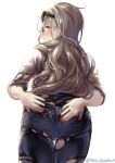  1girl ass blonde_hair blue_eyes blush closed_mouth commentary_request denim jeans juurouta kantai_collection long_hair looking_at_viewer mole mole_under_eye pants richelieu_(kantai_collection) shirt simple_background solo sunglasses torn_clothes torn_jeans torn_pants white_background 