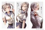  1girl alternate_costume alternate_hairstyle belt blush breasts closed_mouth coat commentary_request gradient gradient_background green_eyes grey_hair hair_tie juurouta kantai_collection kinugasa_(kantai_collection) large_breasts long_hair looking_at_viewer multiple_views neckerchief necktie open_mouth ponytail remodel_(kantai_collection) sailor_collar school_uniform serafuku short_twintails sweater thighhighs translation_request twintails twitter_username winter_clothes yellow_neckwear 