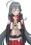  ahoge alternate_costume ao_iro bare_shoulders blush budget_sarashi clenched_hands cosplay eyebrows_visible_through_hair gloves grey_hair hair_over_one_eye highres kantai_collection kiyoshimo_(kantai_collection) long_hair low_twintails midriff musashi_(kantai_collection) musashi_(kantai_collection)_(cosplay) navel oversized_clothes sarashi simple_background smile solo twintails very_long_hair 