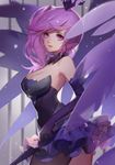  1girl absurdres armpits bangs bare_shoulders black_legwear breasts choker cleavage cowboy_shot crown dark_elementalist_lux elbow_gloves elementalist_lux from_side gloves highres league_of_legends light_smile long_hair looking_at_viewer looking_to_the_side luxanna_crownguard medium_breasts miniskirt paid_reward parted_lips patreon_reward pink_eyes purple_gloves purple_hair shiny shiny_hair side_ponytail skirt sleeveless solo songjikyo sparkle symbol-shaped_pupils wings 