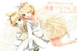  1girl anniversary blonde_hair blue_eyes breasts brother_and_sister character_name cleavage dress elbow_gloves gloves hair_ribbon hairband headset high_heels highres kagamine_len kagamine_rin necktie omoomomo one_eye_closed open_mouth ribbon siblings small_breasts smile strapless strapless_dress tattoo tuxedo twins twitter_username vocaloid white_gloves yellow_dress 