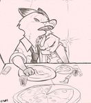  anthro beverage booth canine ciwi clothed clothing cup dipstick_ears disney drooling duo eyes_closed female food fox hi_res judy_hopps lagomorph male mammal monochrome necktie nick_wilde pizza police_uniform rabbit restaurant saliva size_difference sleeping table tongue tongue_out uniform zootopia 