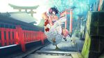  animal bird black_hair blue_eyes chicken chinese_zodiac commentary flower furai hair_flower hair_ornament highres japanese_clothes kimono long_sleeves multiple_torii obi original riding rooster sash short_hair stairs torii year_of_the_rooster 
