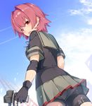  artist_name ass bike_shorts black_gloves black_shirt blush breasts cloud day elbow_pads fingerless_gloves from_below gloves grey_skirt hair_between_eyes hair_intakes holding holding_weapon kantai_collection kinu_(kantai_collection) looking_at_viewer medium_breasts meth_(emethmeth) open_mouth pink_hair red_eyes remodel_(kantai_collection) shirt short_hair short_sleeves skirt sky solo weapon 