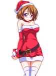  arms_behind_back bangs belt blue_eyes blush breasts brown_hair choker closed_mouth cowboy_shot detached_sleeves dress gift hat holding holding_gift kikuchi_tsutomu koizumi_hanayo looking_at_viewer love_live! love_live!_school_idol_project medium_breasts red_dress red_hat santa_costume santa_hat short_dress short_hair simple_background smile solo standing strapless strapless_dress strapless_santa_dress swept_bangs thighhighs white_background white_legwear 