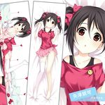  asymmetrical_legwear black_hair bow breasts cleavage collarbone dakimakura flat_chest from_above from_behind hair_bow japanese_clothes kimono long_hair love_live! love_live!_school_idol_project lying multiple_views off_shoulder on_back on_stomach open_mouth pink_skirt pleated_skirt red_bow red_eyes skirt small_breasts thighhighs twintails verjuice white_legwear yazawa_nico yukata 