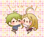  &gt;_&lt; 1girl ahoge akamatsu_kaede amami_rantarou backpack bag blonde_hair chibi closed_eyes danganronpa denim ear_piercing green_eyes green_hair high_five jeans musical_note_hair_ornament new_danganronpa_v3 pants piercing pleated_skirt purple_skirt randoseru shirt short_hair simple_background skirt smile striped striped_shirt sweater_vest yumaru_(marumarumaru) 