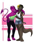 alcohol anthro beverage breasts demon duo female hybrid mammal mustelid otter peer_pressure redpixie simple_background standing wide_hips 