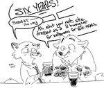  anthro beverage canine clothed clothing cup dialogue dipstick_ears disney duo fox gideon_grey laugh male mammal monochrome necktie nick_wilde nobby shirt sitting speech_bubble text zootopia 