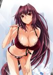 absurdres ass_visible_through_thighs bent_over bra breasts cleavage fate/grand_order fate_(series) for-u highres large_breasts long_hair looking_at_mirror looking_at_viewer mirror navel panties pulled_by_self purple_hair red_bra red_eyes red_panties scathach_(fate)_(all) scathach_(fate/grand_order) side-tie_panties smile solo strap_pull underwear underwear_only very_long_hair 
